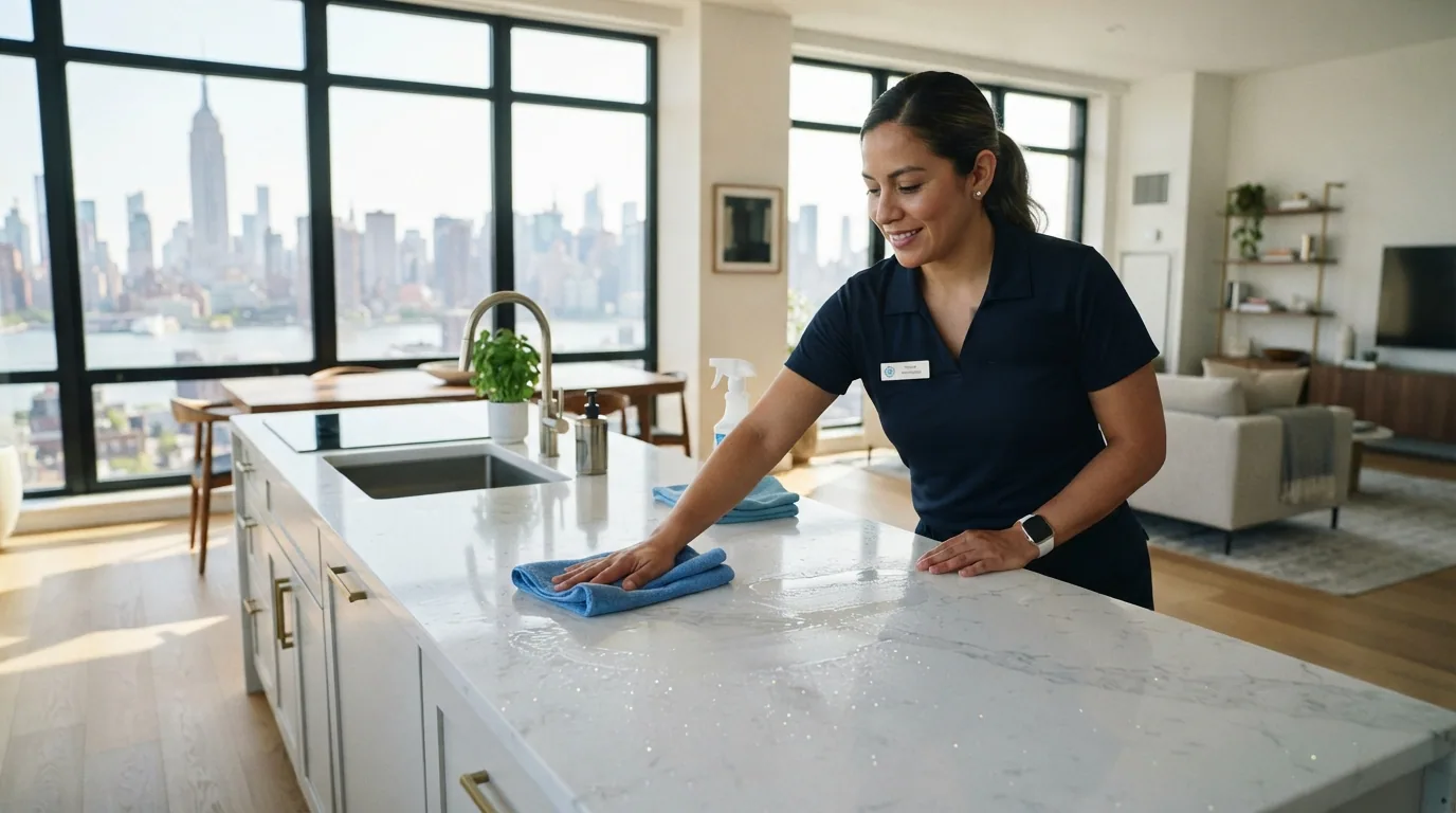 Cleaning specialist at work in a Midtown Manhattan high-rise apartment